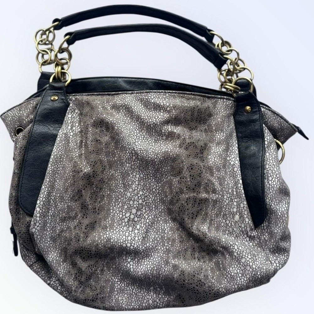 Bueno Silver Metallic Pebbled Hobo Bag Black Trim Antique Brass Chain Straps